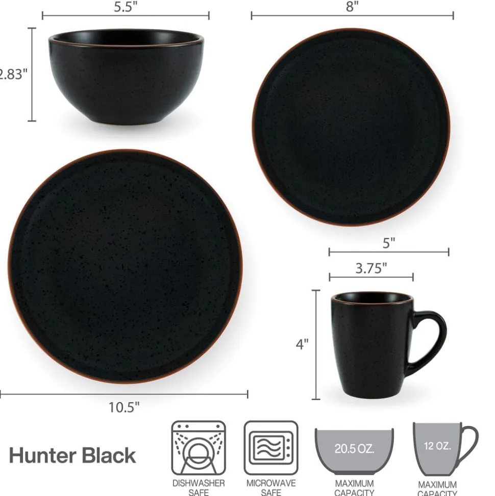 Hunter Black 16 Piece Dinnerware Set, Service for 4
