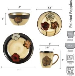 Painted Poppies 16 Piece Dinnerware Set, Service for 4