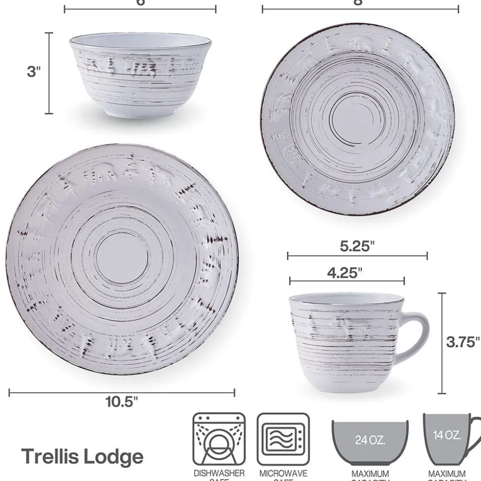 Trellis Lodge White 16 Piece Dinnerware Set, Service for 4