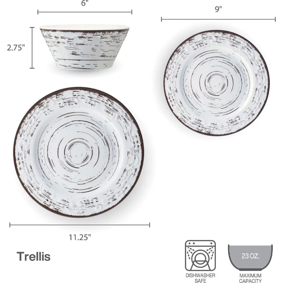 Trellis White 12 Piece Outdoor Melamine Dinnerware Set, Service for 4